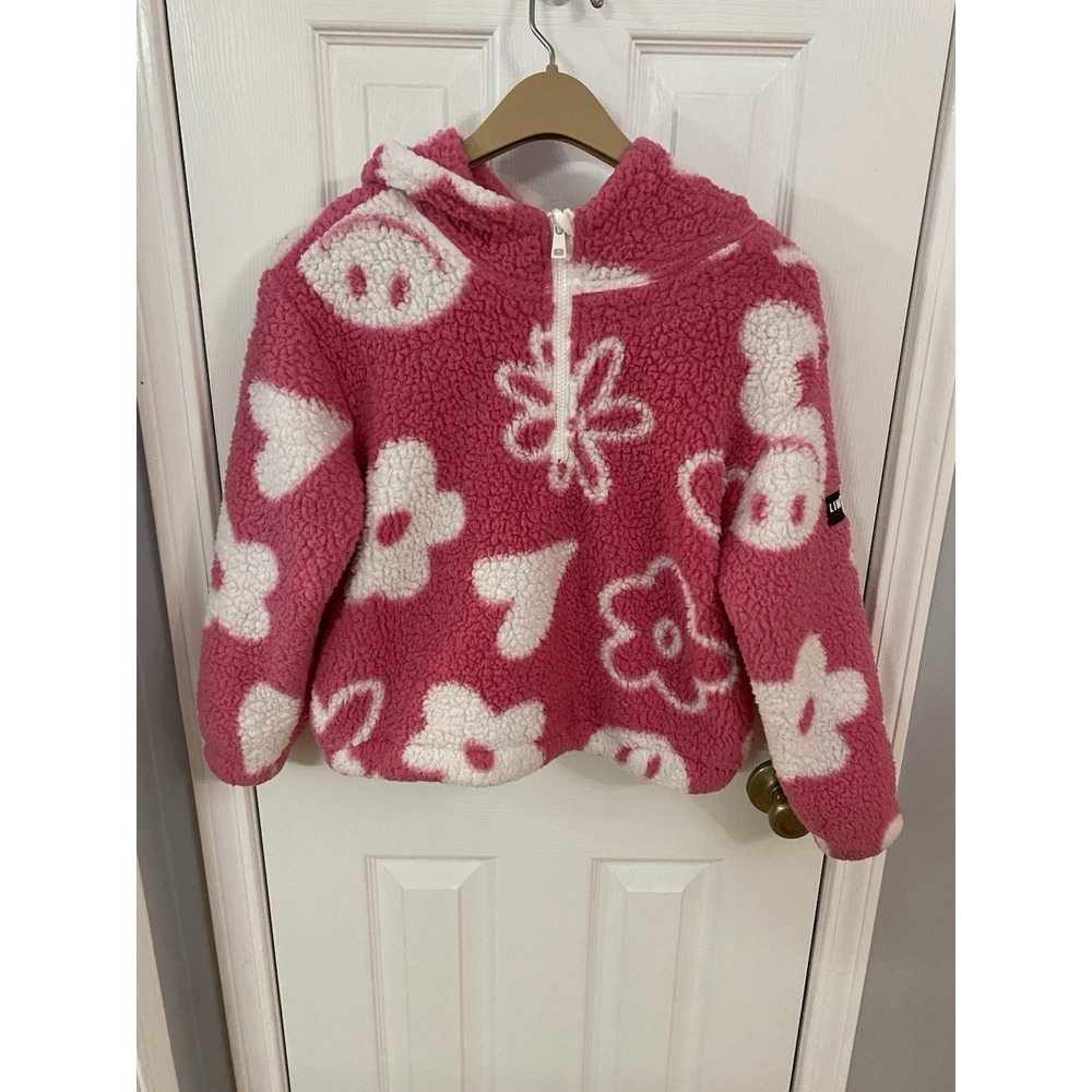 Limited Too Sherpa Hoodie Girls Medium 10 Pink White Floral Heart Quarter Zip